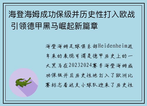海登海姆成功保级并历史性打入欧战 引领德甲黑马崛起新篇章