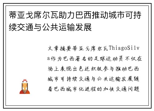 蒂亚戈席尔瓦助力巴西推动城市可持续交通与公共运输发展