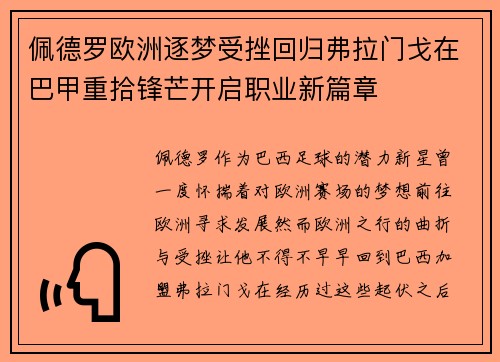 佩德罗欧洲逐梦受挫回归弗拉门戈在巴甲重拾锋芒开启职业新篇章