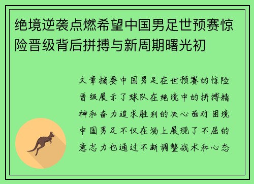 绝境逆袭点燃希望中国男足世预赛惊险晋级背后拼搏与新周期曙光初