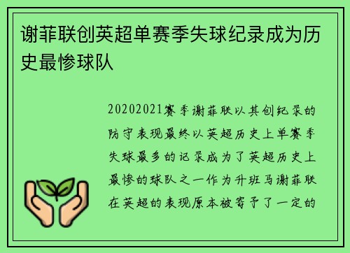 谢菲联创英超单赛季失球纪录成为历史最惨球队
