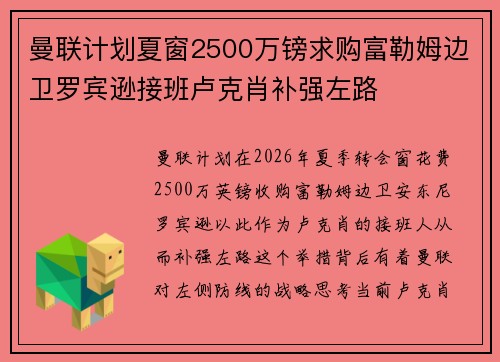 曼联计划夏窗2500万镑求购富勒姆边卫罗宾逊接班卢克肖补强左路